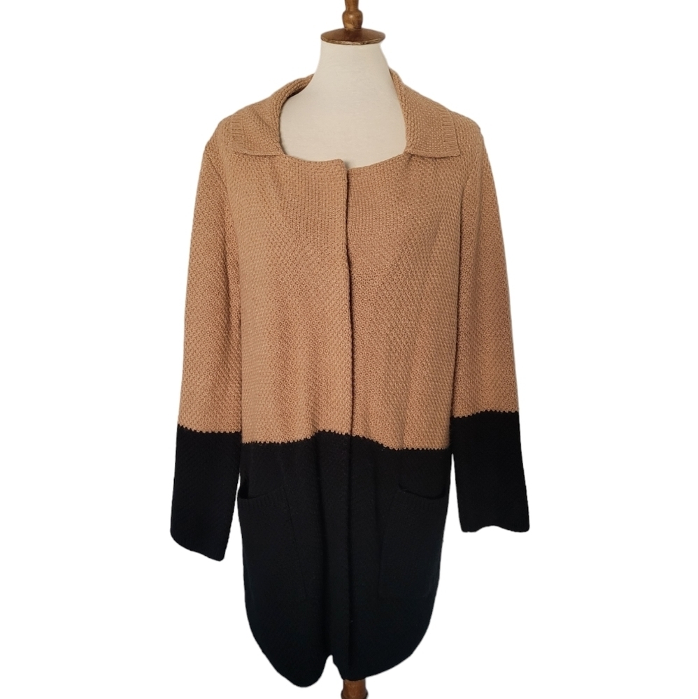 Style & Co. Black and‎ Tan Color Block Midi Cardigan